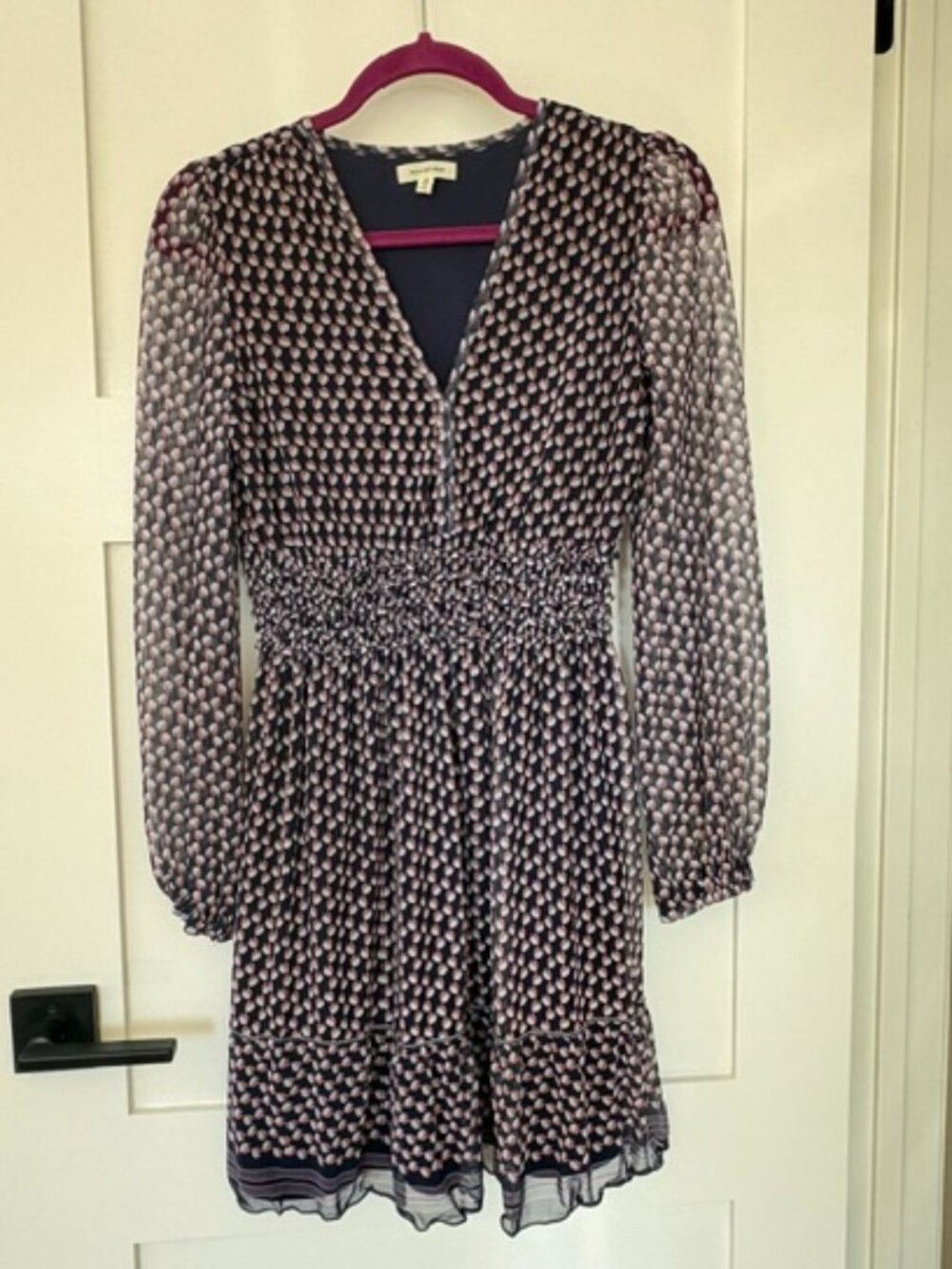 Max Studio Navy Pink Print Smocked Waist Ruffle Mini Dress XS